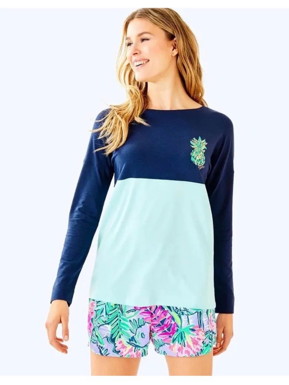 LILLY PULITZER Finn Long Sleeve Tee Pineapple Party Graphic Navy Turquoise Sz Sm